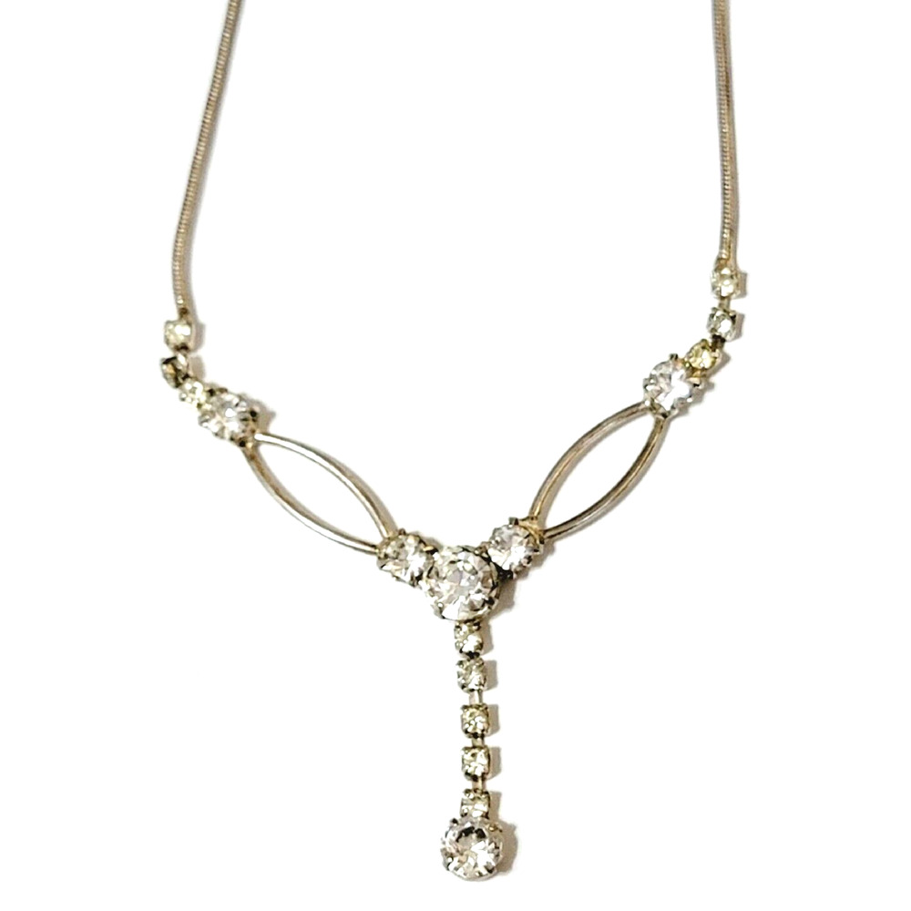 Rhinestone Bib Necklace, Silver-tone, Mid-Century Sparkly Drop Pendant wh03-30 - Picture 4 of 8